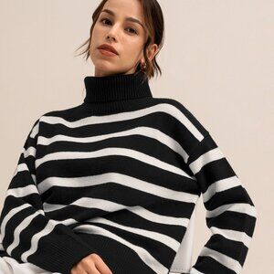 Lilysilk Tarra Turtleneck Striped Sweater 100% Merino Wool, EUC, Size S